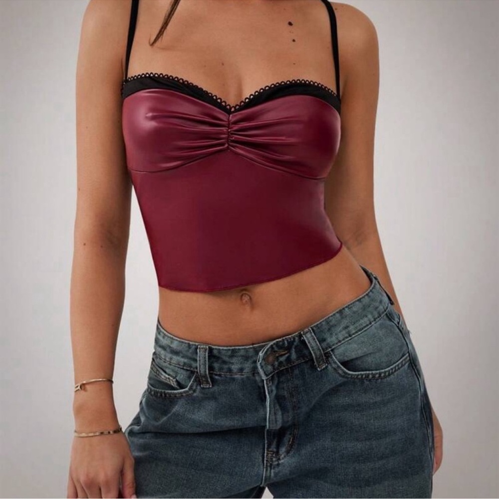 Satin Ruched Bustier Crop Top - Burgundy